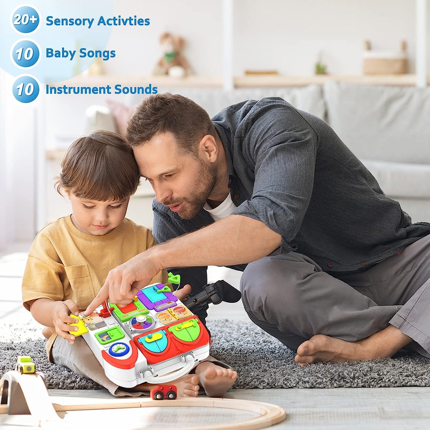 Busy Board for Toddlers 1-3 w/Bilingual Music, 20+ Sensory Educational Activity Board, Toy for 1 2 3 4 Year Old Boy Girl Birthday Gifts