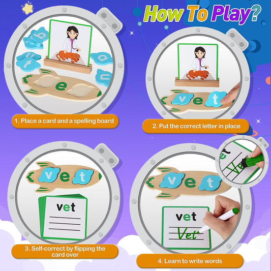 Wooden CVC Word Spelling Games Rocket Shape Short Vowel Writing Sorting Reading Games Sight Words Flash Cards Kindergarten Preschool Learning Activities Educational Toys for 3+ Years Old