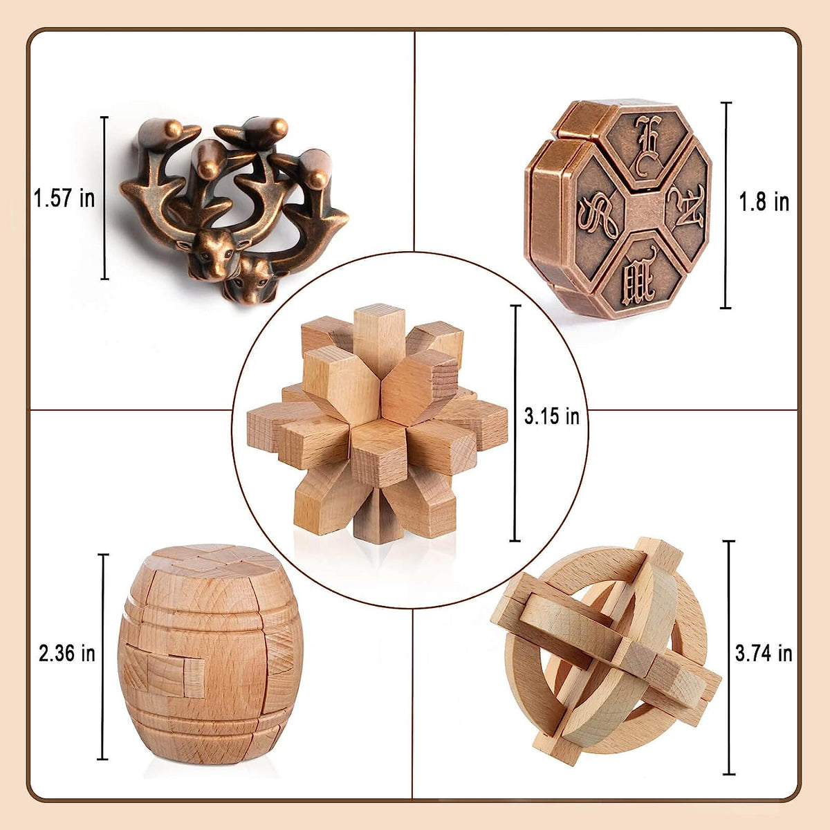 5-Pack Brain Teaser Metal and Wooden Puzzles for Adults & Kids | 3D Highly Difficult IQ,Mind and Logic Test Games | Durable Wood and Hard Cast Educational Gift Toys for Teens