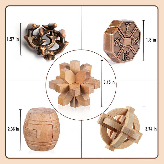 5-Pack Brain Teaser Metal and Wooden Puzzles for Adults & Kids | 3D Highly Difficult IQ,Mind and Logic Test Games | Durable Wood and Hard Cast Educational Gift Toys for Teens