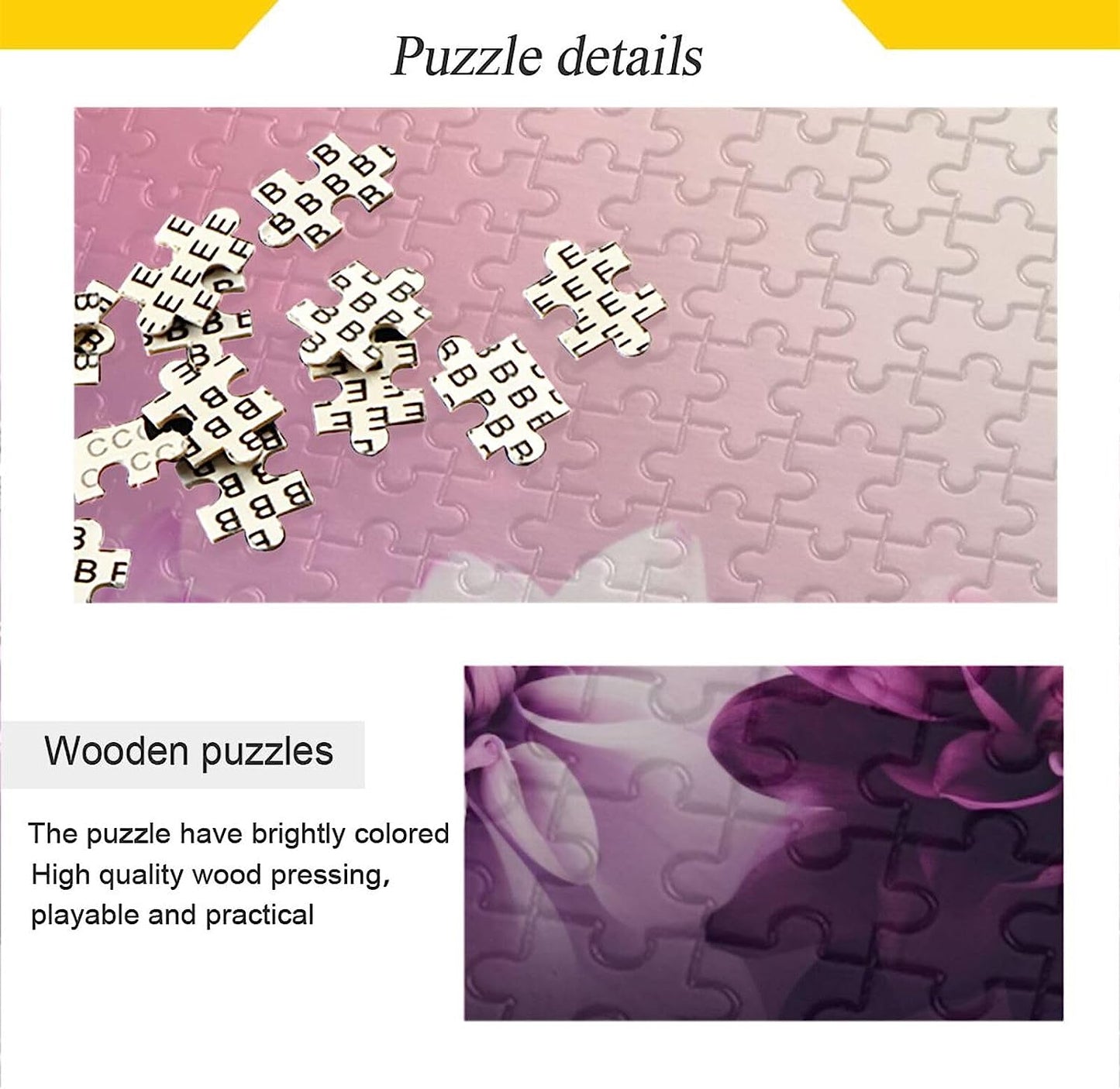 Wooden Jigsaw Puzzle 1000 Pieces Elegant Purple Flowers Print, Zigsaw with Alphabet Partition Storage Bag Easy to Solve for Adults