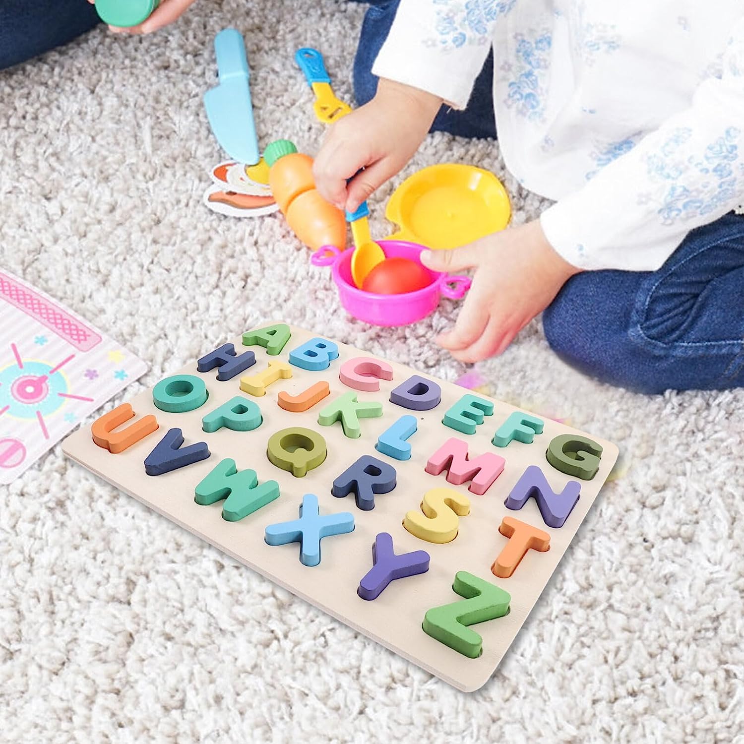 Wood Alphabet Puzzle Board 2 Sets ABC Letter Lowercase Uppercase Blocks Matching Hand Grip Wooden Jigsaw Peg Game Language Learning Gift for Girls and Boys