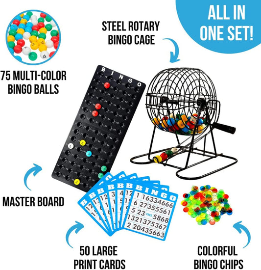 Deluxe Bingo Set - Includes Bingo Cage, Master Board, 50 Mixed Cards, 75 Calling Balls, Colorful Chips - Ideal for Large Groups, Parties