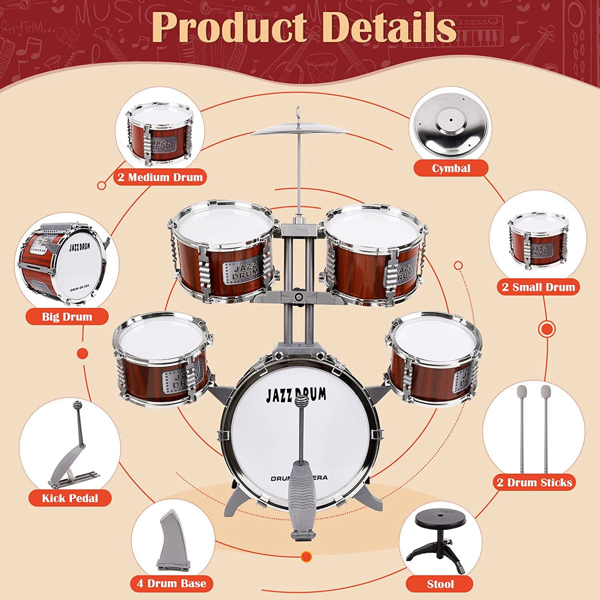 Drum Set for Kids Musical Instruments Kids Drum Set with Stool, Cymbal, Drum Sticks, 4 Snare Drums and 1 Bass Drum Jazz Drum Kit Toys for 3 4 5 6 Year Old Boys Girls Gifts