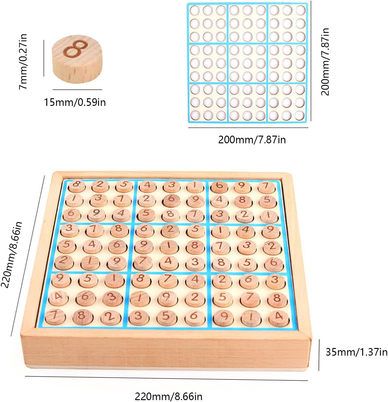 Wooden Sudoku Puzzle Board Game with Drawer, Round Chess Pieces SD-11 (Blue)