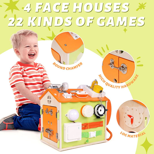 Wooden House Busy Board for Toddlers Toys,Activity Cube Busy House Sensory Board Activity Board for Fine Motor Skills, Educational Learning Toy for Boys & Girls Music Board