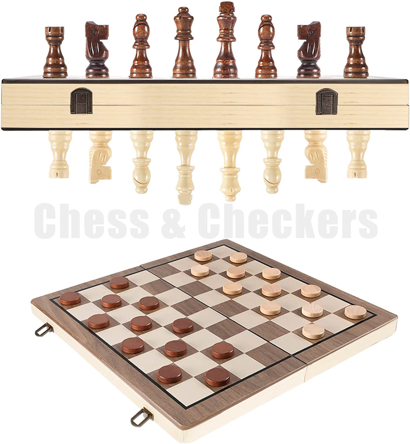 Chess Sets - 15 Inch Wooden Magnetic Chess & Checkers Set Board Game - with 2 Extra Queen Pieces - Chess Sets for Adults - Chess Set for Kids