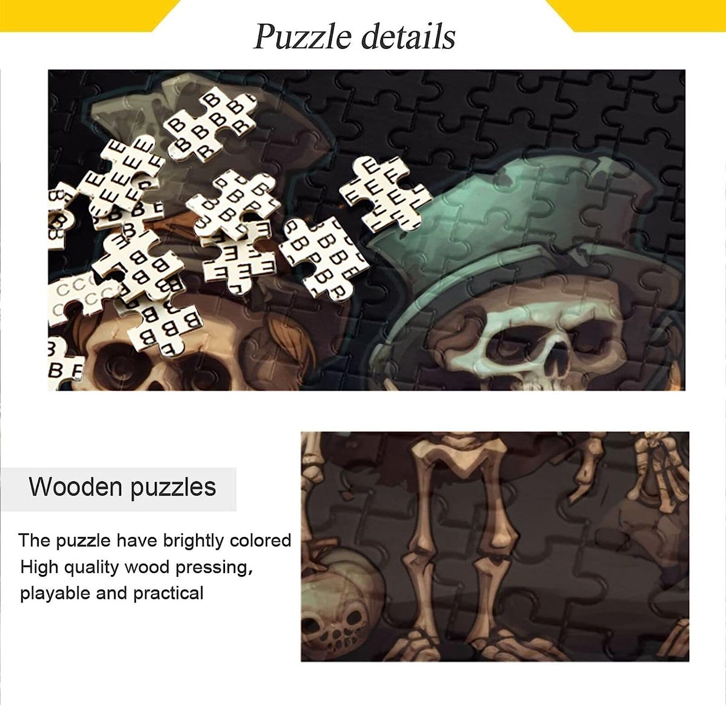 Wooden Jigsaw Puzzle 500 Pieces Halloween Skeleton Print, Zigsaw with Alphabet Partition Storage Bag Easy to Solve for Adults