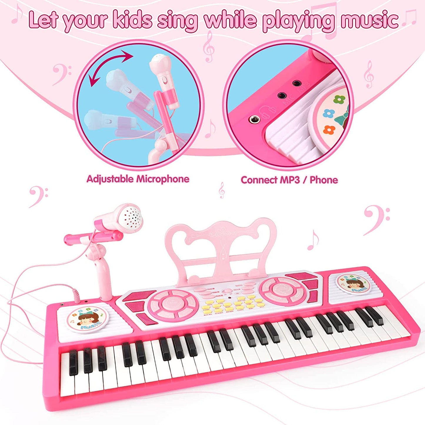 49 Keys Kids Piano Keyboard with Microphone, Multifunctional Portable Electronic Piano Educational Musical Instrument Toy, Birthday Gifts for Beginner Children Toddler Boys Girls Age 3-6