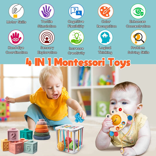 Baby Toys for Ages 6-18 Months - Pull String Teether, Stacking Blocks, Sensory Shapes & Colorful Storage Bin, Infant Bath Time Fun, 4 in 1 Toddlers Toy Gifts for 1 2 3 Year Old Boys Girls