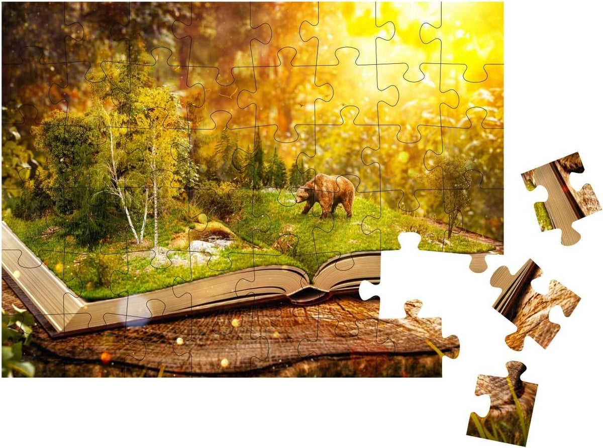 Opened Book with Wild Forest & Bear on Pages. Endangered-... Jigsaw Puzzle Jigsaw Puzzle with 48 Pieces
