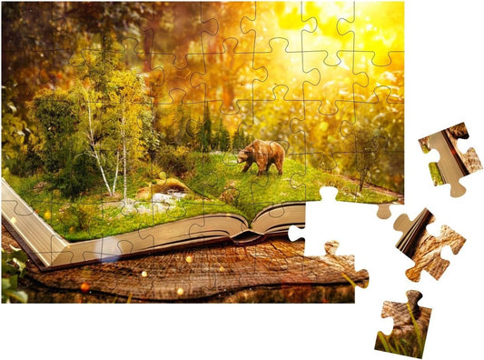 Opened Book with Wild Forest & Bear on Pages. Endangered-... Jigsaw Puzzle Jigsaw Puzzle with 48 Pieces
