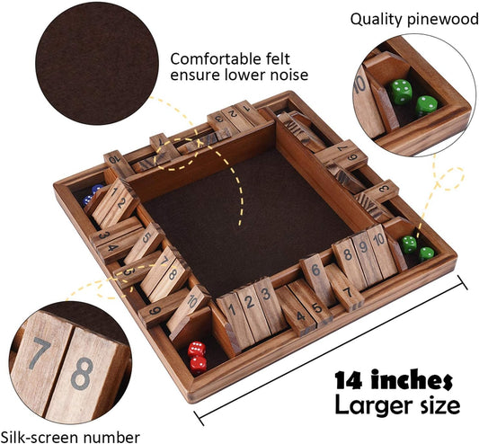 14 Inches 4-Way Shut The Box (2-4 Players) for Kids & Adults [4 Sided Large Wooden Board Game, 8 Dice + Shut-The-Box Rules] Smart Game for Learning Addition – Vantage Style