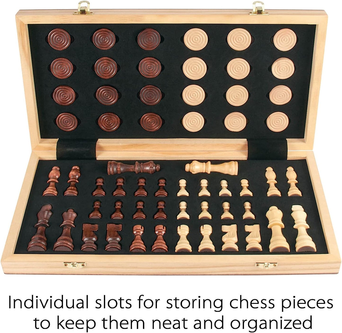 15'' Wooden Chess & Checkers Set, 2 in 1 Board Games -2 Extra Queens - Folding Board - 24 Cherkers Pieces - Gift Box Packed - Chessmen Storage Slots, Beginner Chess Set for Kids and Adults