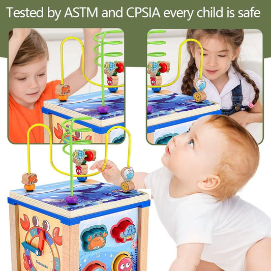 Wooden Activity Cube Toys 5 in 1 Wooden Toy for Kids First Birthday Gift Developmental Toddler Educational Learning Boy Toys 36 Months Up Toys with Bead Maze Shape Sorter
