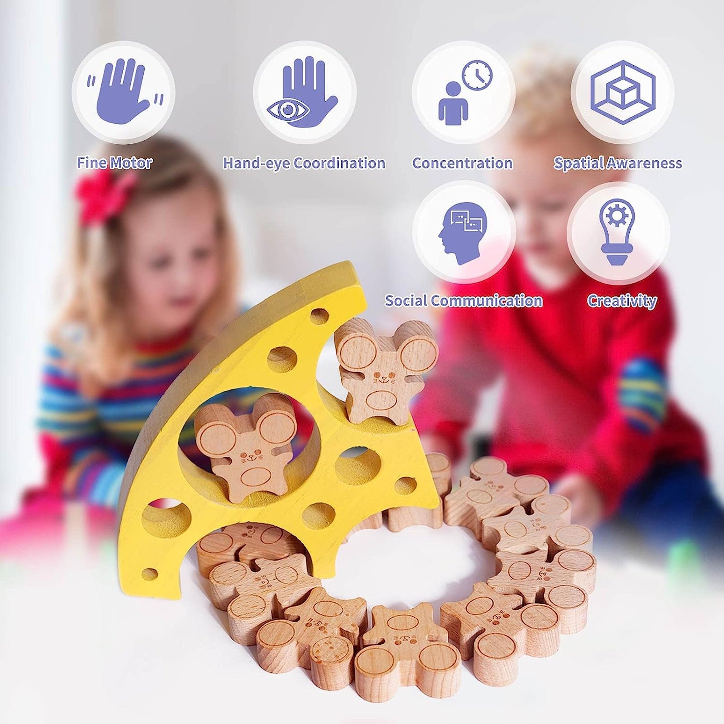 Mice & Cheese Natural Wooden Block Set Toy for Toddlers Sorting, Stacking, Grouping, Counting Balance Game | Educational Stacker, Birthday Gift for Boy or Girl Babies