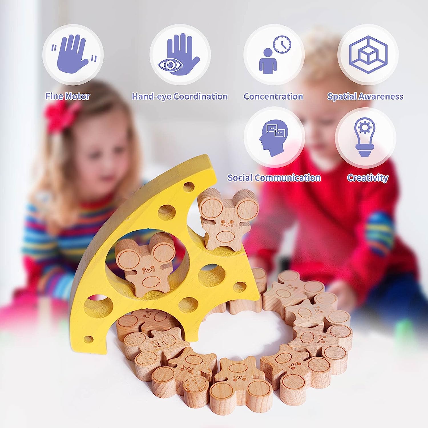 Mice & Cheese Natural Wooden Block Set Toy for Toddlers Sorting, Stacking, Grouping, Counting Balance Game | Educational Stacker, Birthday Gift for Boy or Girl Babies
