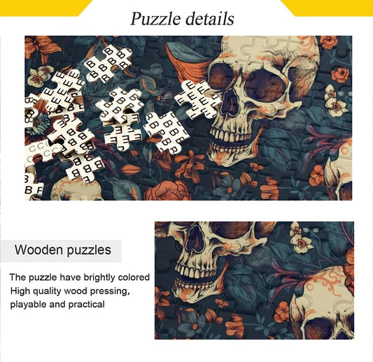 Wooden Jigsaw Puzzle 1000 Pieces Vintage Skull and Flowers Print, Zigsaw with Alphabet Partition Storage Bag Easy to Solve for Adults