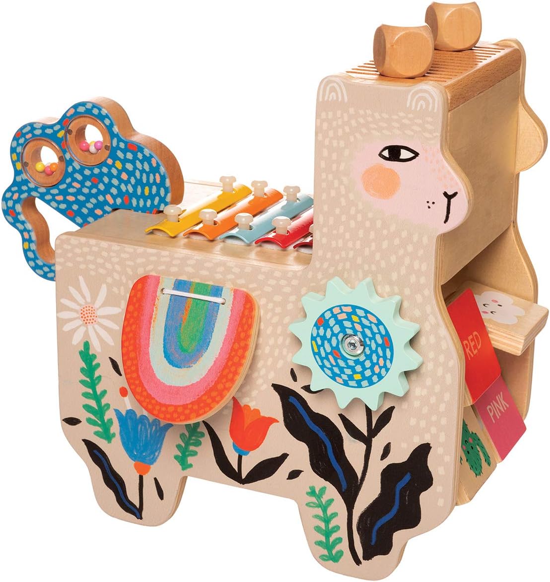 Musical Llama Wooden Instrument for Toddlers with Maraca, Clacking Saddlebags, Drumsticks, Washboard & Xylophone