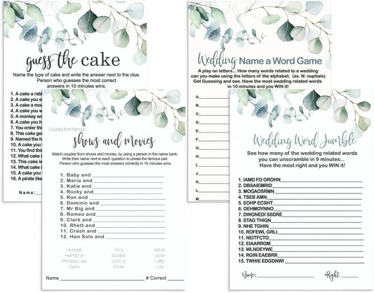 Greenery Bridal Shower Games 4-in-1 Bundle (25 Guests) with Wedding Word Scramble Cards, Guess The Cake, Wedding Name, Famous Couples Movie Trivia – Eucalyptus Rustic