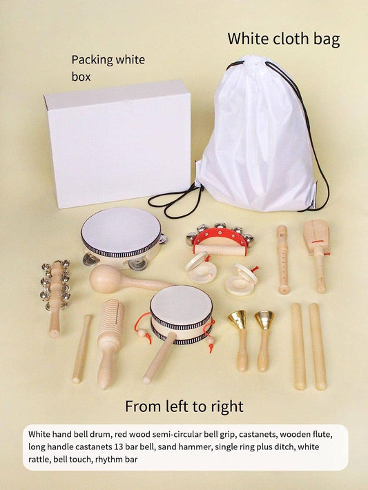 Kids Musical Instruments Kids Drum Set Percussion Instruments Best Toys for Toddlers Eco-Friendly Wooden Music Set Orff Children's Instruments with Storage Bag (WOOD-SET-15PCS)