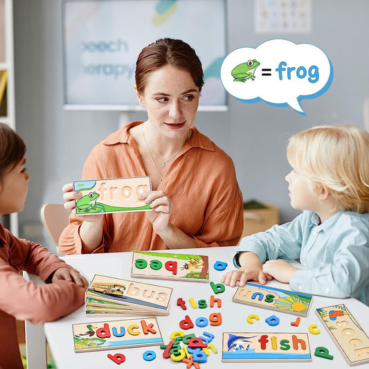 Wooden Spell Learning Toys for 2 3 4 5 Year Old Kids Match Letter Spelling Game Board & Letters & Box, CVC Word Builder Toddler Educational Toy Kindergarten Preschool Learning Activities