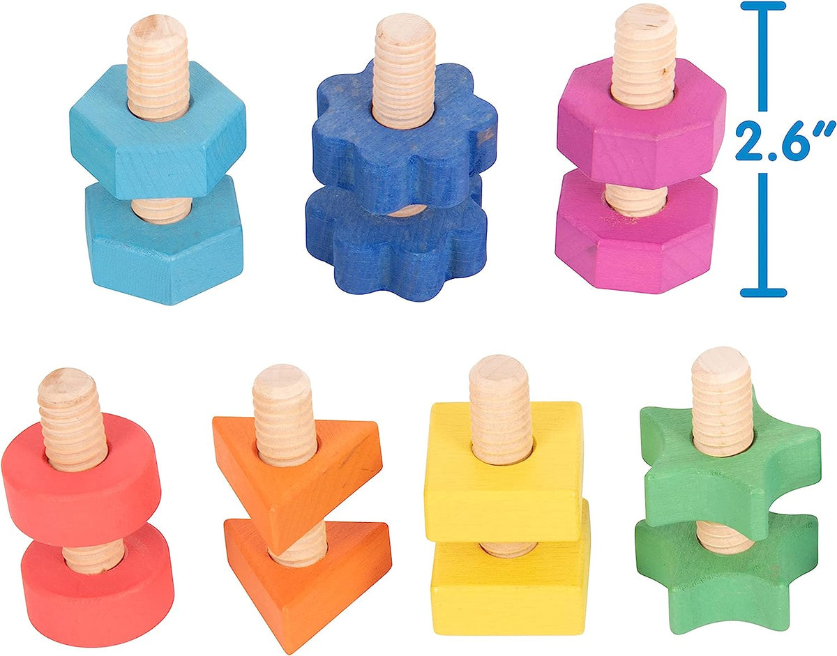 Rainbow Wooden Nuts & Bolts - Set of 21 - 7 Shapes and Colors - For Ages 12m+ - Loose Parts Wooden Toys for Toddlers and Preschoolers