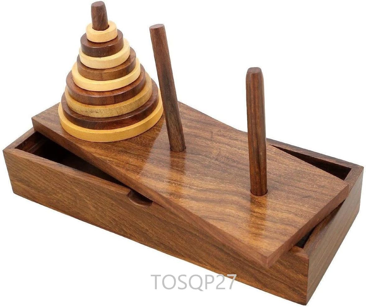 Puzzle Game Wooden Tower of Hanoi 9 Ring Game Best Gift Artisan Crafted Handmade