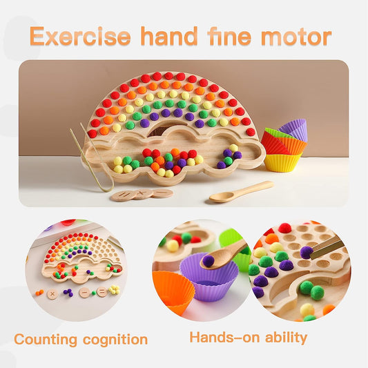 3 in 1 Wooden Board Bead Game-Rainbow Puzzle with Storage Cup Color Sorting Stacking Art Toys Counting Toy for Kids Toddler Educational Toy for Math Learning, Great Gift for Girls and Boys