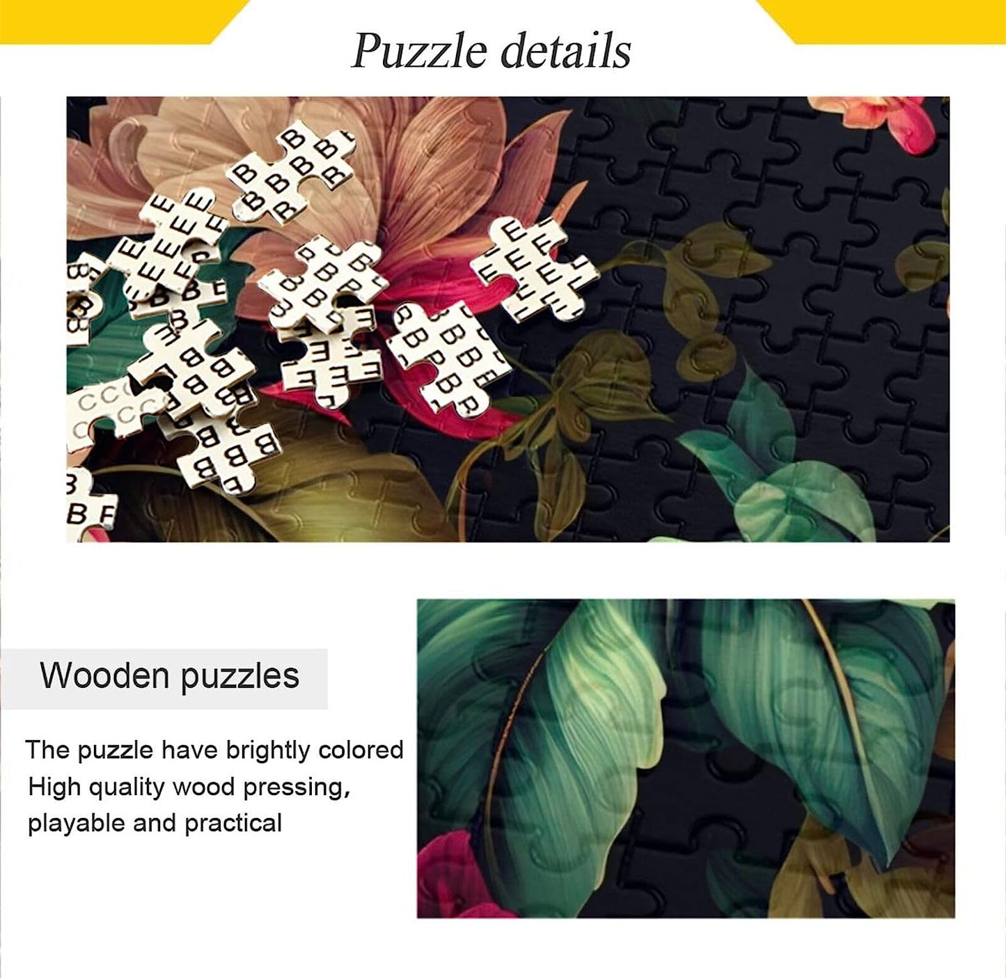 Wooden Jigsaw Puzzle 500 Pieces Vintage Flowers Pastel Print, Zigsaw with Alphabet Partition Storage Bag Easy to Solve for Adults