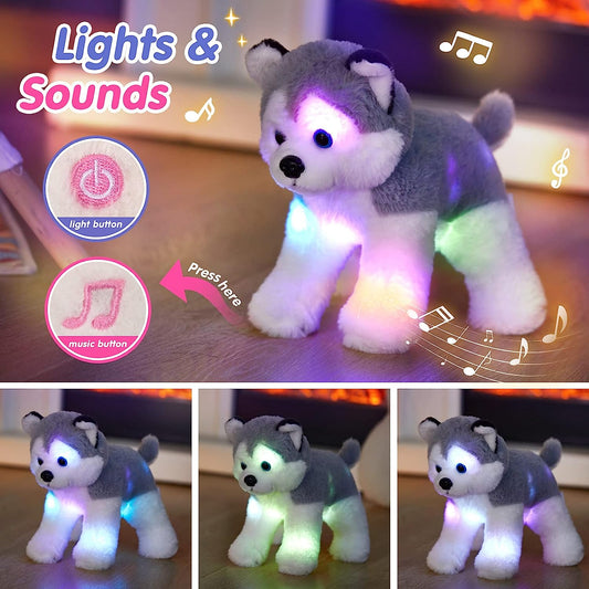 12’’ Musical Light up Husky Puppy Stuffed Animal Realistic LED Singing Dog Soft Plush Toy with Night Lights Lullaby Glow in The Dark Birthday for Toddler Kids