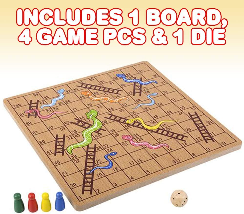 Wooden Snakes and Ladders Board Game, Complete Set with Board, 4 Pegs, and 1 Die, Classic Fun for Family Game Night and Classroom, Best Birthday Gift Idea for Boys and Girls