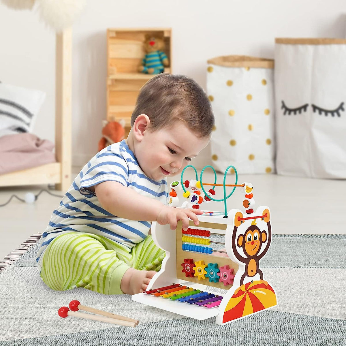 Wooden Activity Cube, 5-in-1 Toys for 1 Year Old, Educational Wooden Toys with Activity Center for 1 2 3 Year Old Boys Girls Toddlers Birthday