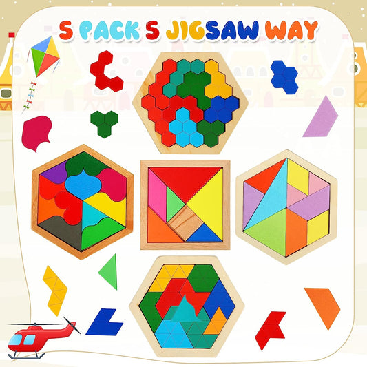 5 Pack Wooden Hexagon Puzzle for Kid Shape Pattern Block Brain Teaser Puzzles Wood Block Puzzle Geometric Tangram Puzzle Hexagon Wooden Puzzle for Jigsaw 3D Logic IQ Game Gift