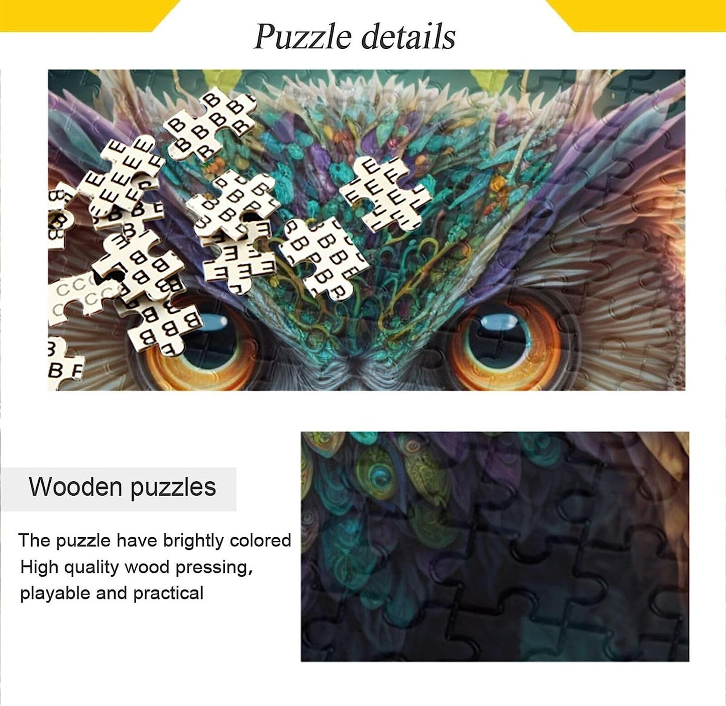 Wooden Jigsaw Puzzle 1000 Pieces Magical Owl Flower Print, Zigsaw with Alphabet Partition Storage Bag Easy to Solve for Adults