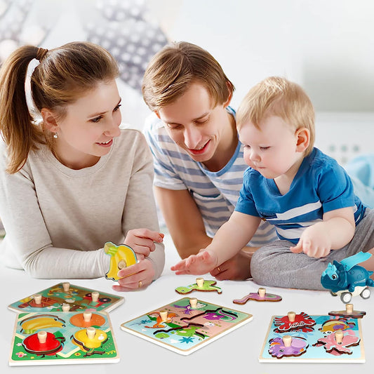 Wooden Toddler Puzzles, Peg Puzzles Gifts Toys, 4 Pcs Eco Friendly Animal Patterns Jigsaw with Handles, Infant Kid Fine Motor Skill Learning Educational Puzzles for 1 2 3 Years Old