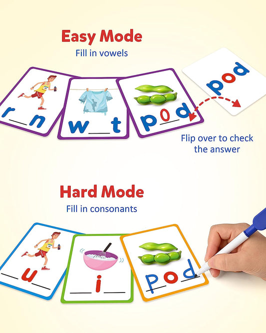 Short Vowel Spelling Flashcards, Learn to Write CVC Sight Words Color Pattern Handwriting Cards Fine Motor Educational Toy Gift for Kids 3 4 5 Years Old