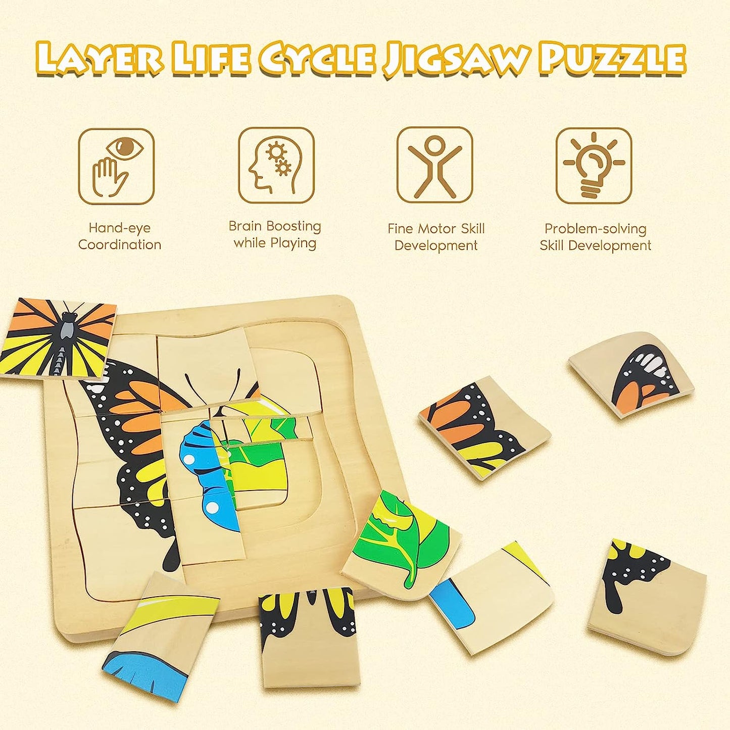 Wooden Puzzles for Kids Ages 4-8, 4 Layer Life Cycle of Butterfly Jigsaw Puzzle for Toddlers, Children Preschool Learning Educational Puzzles Toys for Boys and Girls (Butterfly)