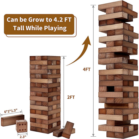 Giant Tumble Tower (Stack from 2Ft to Over 4.2Ft), 54 PCS Pine Wooden Stacking Timber Game with 1 Dice Set - Classic Block Giant Outdoor Game for Teens Adults Family(Brown)