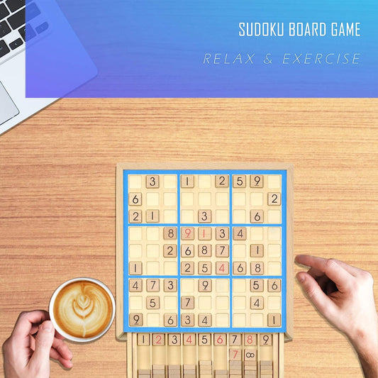 Wooden Sudoku Board Game with Drawer - 81 Grids Number Place Wood Puzzle for Kids and Adults (Blue Line)