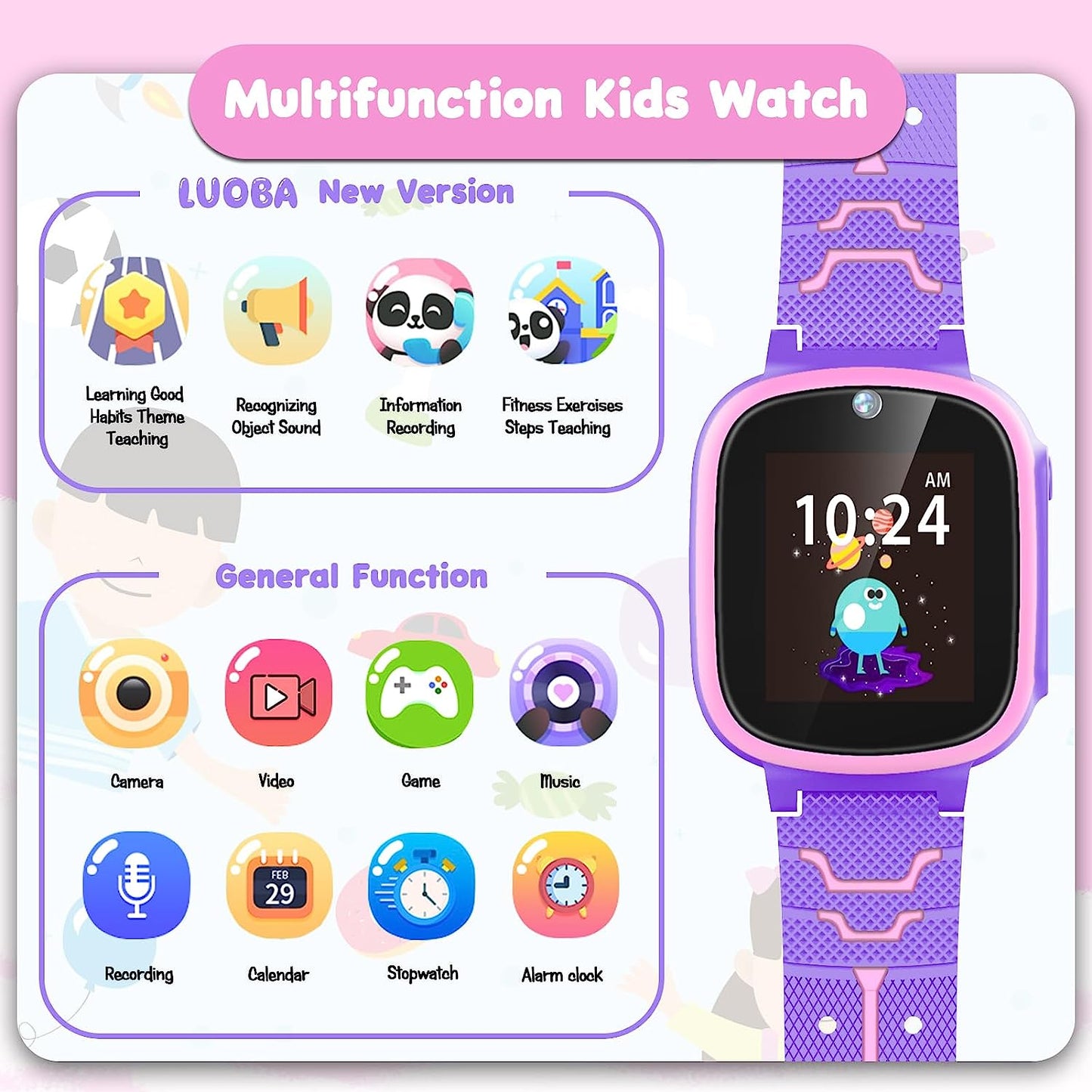 Smart Watch for Kids Toys, Gifts for 3-10 Year Old Girls Boys, 1.44" Touchscreen Kids Watch with 20 Puzzle Games Toddler Educational Toys Camera Video Music Player Children Game Smartwatch (Purple)