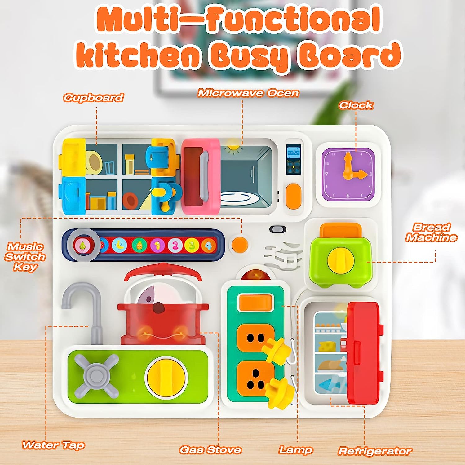 Kitchen Busy Board with Music and Lights, Toddler Travel Toys for Babies 18+ Months, Busy Board Educational Learning Activities Fine Motor Skills & Kitchen Cognition Game Board