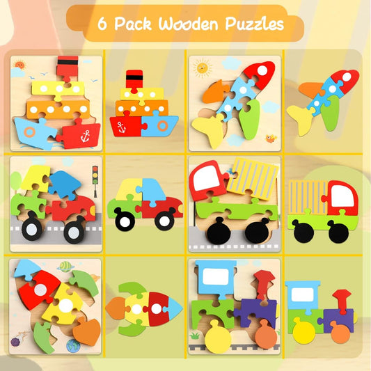 Wooden Puzzles Toddler Toys for 1 2 3 Year Old Boys Girls Jigsaw Puzzles with 6 Packs Vehicle Shape Preschool Sensory Learning STEM Toys for Kids Infant Toddlers Educational Games Gifts