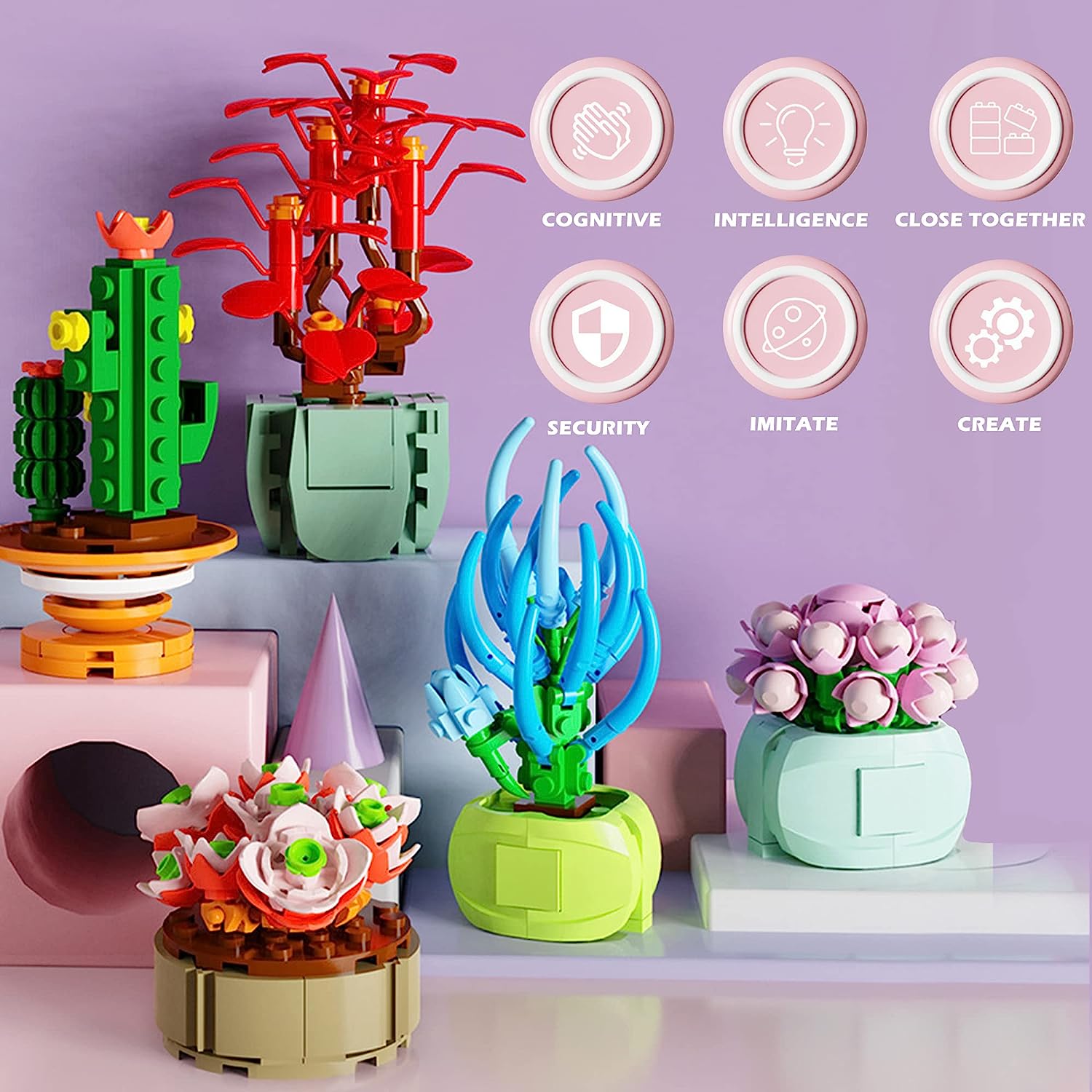 Mini Bonsai Tree Building Blocks, Creative&Educational DIY Particle Flower Bouquet Succulent Plants, Flower Simulation, Great Collection for Home and Bedroom(Get Randomly 4 Styles,Non-Repeating)