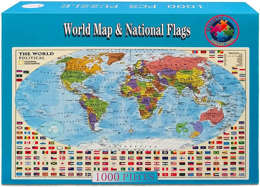 Political World Map Jigsaw Puzzle 1000 Pieces for Adults Kids or Teens with 197 Countries International World Flags Puzzle Educational Toy