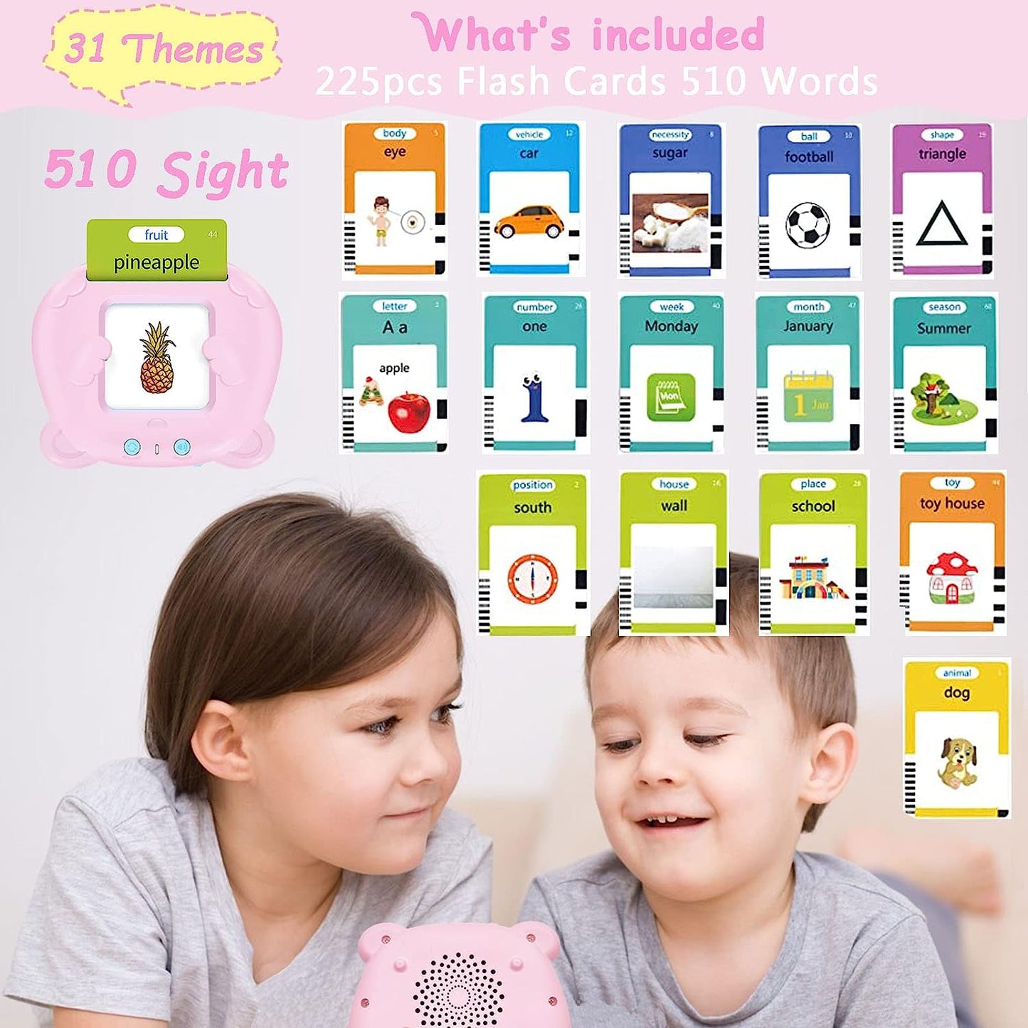 Talking Flash Cards Learning Toys for Toddlers 1-6 Years Old, Preschool Toys, Speech Therapy Toys Pocket Vocabulary Toy Autism Toys Gifts for Kids, Boys Girls(510 Words New Pink)