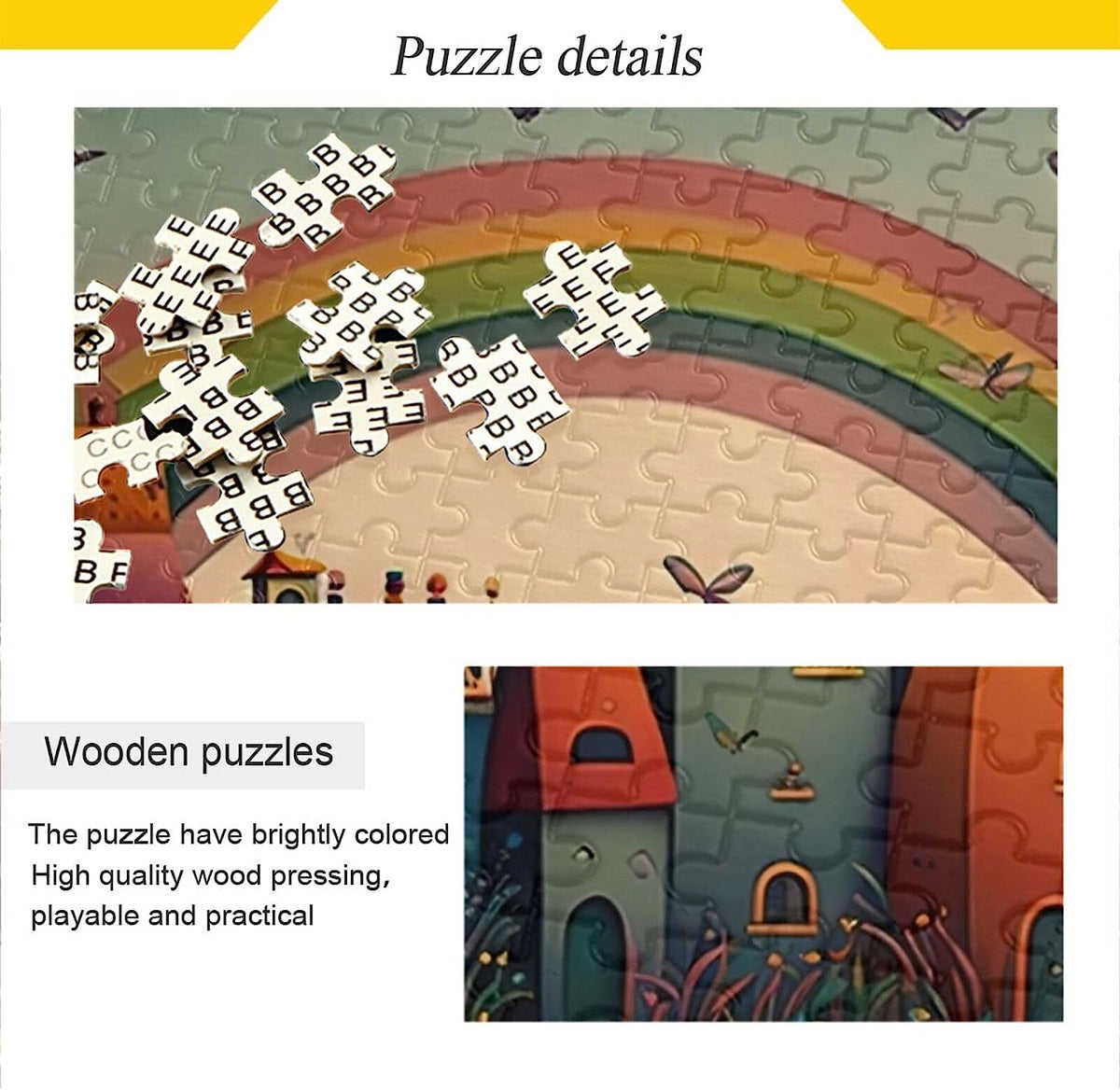 Wooden Jigsaw Puzzle 500 Pieces Cartoon Cute Houses Print, Zigsaw with Alphabet Partition Storage Bag Easy to Solve for Adults