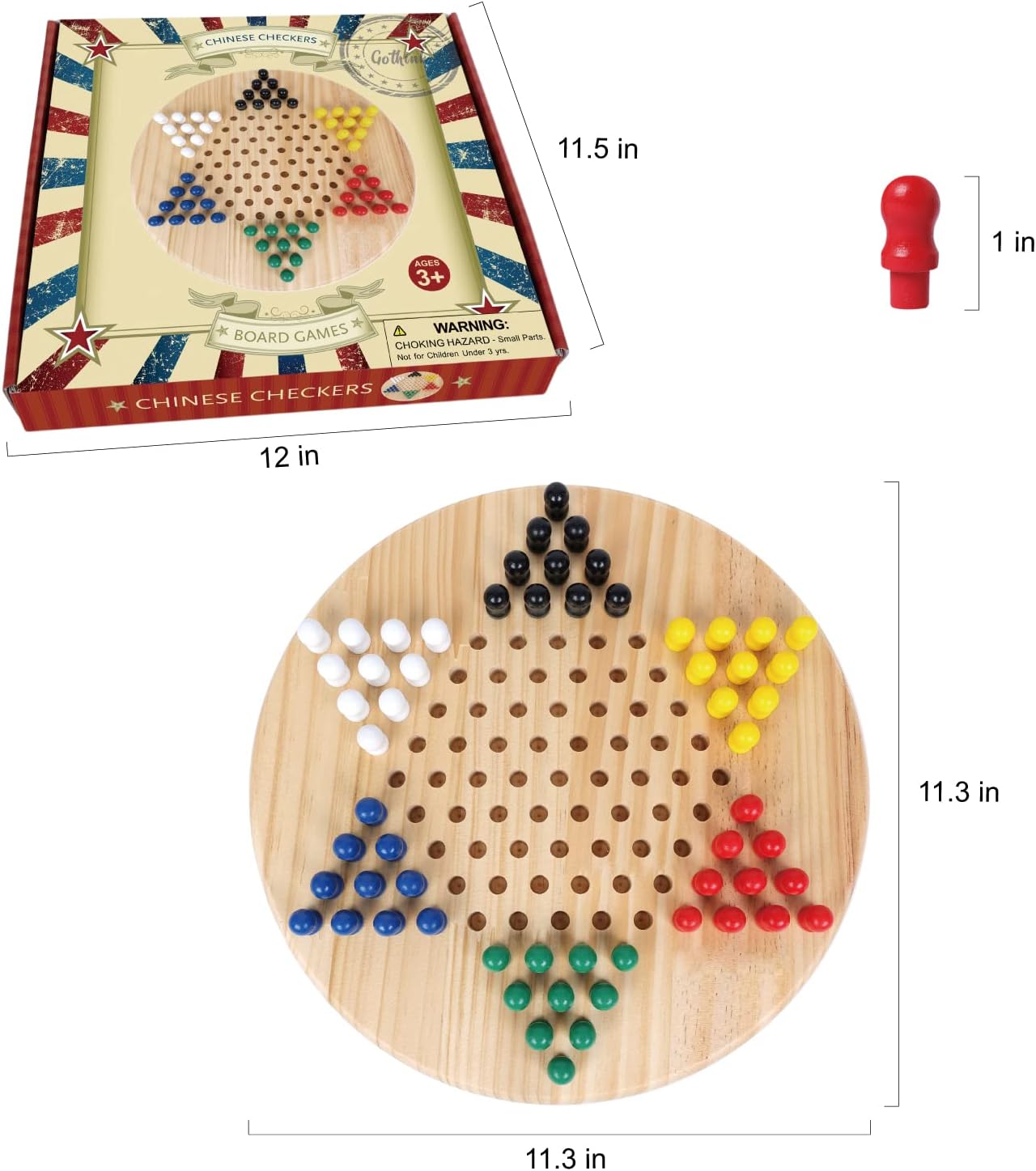 Chinese Checkers Board Game for Adults & Kids, 11.3 Inch Natural Wood Quality, Classic Wooden Checkers Game Set, Includes 60 Colorful Chinese Checkers Pegs, Fun Family Board Games for All Ages