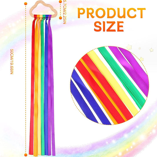 12 Pcs Rainbow Ribbon Wooden Waldorf Toys Creative Waldorf Hand Kite Set Streamers with Wood Ring Sensory Learning Educational Toy for Playroom Dancing Birthday (Cloud)