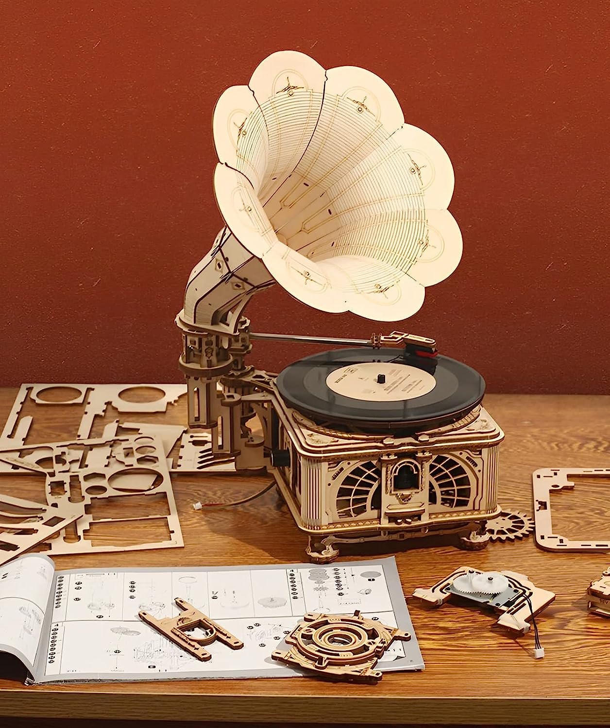 Three-Dimensional Toys - Phonograph Wooden Puzzles Kit - Mechanical Model Brain Teaser Games Stunning Gifts for Adults and Teens